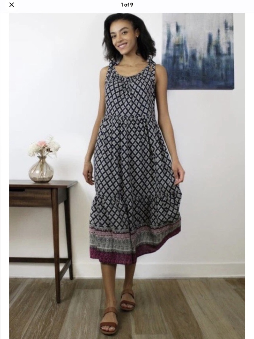Women's Navy and Cream Geometric Maxi Dress with Pink Border Size S NWT - Picture 2 of 7